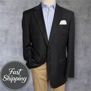 JOS A BANK Men’s 44L Brown Windowpane Wool Blazer Sport Coat Two‑Button Jacket